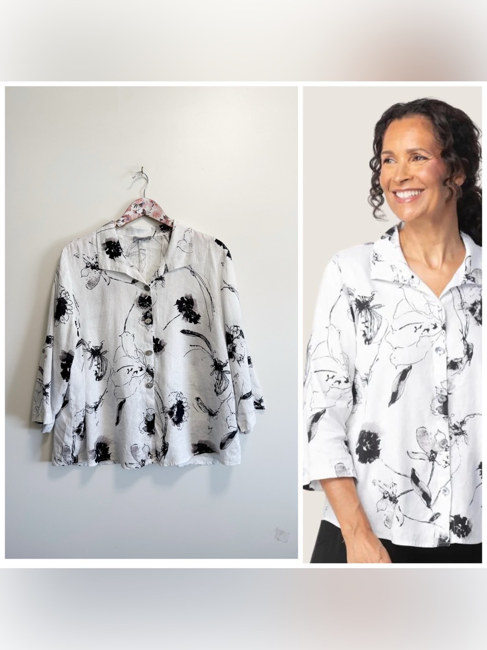 HABITAT Black White Watercolor Floral Swing Button Up Linen Blend Shirt L Large